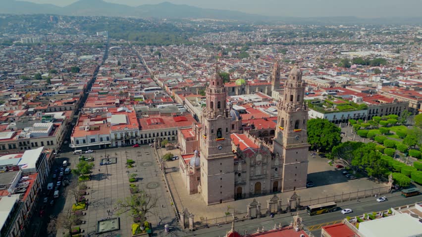Morelia Cathedral, aerial view with drone. Capital of Michoacán, one of the most beautiful cathedrals in all of Mexico. Historic downtown of the city.