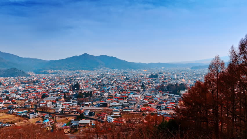 Low-rise densely built cityscape of Tokyo on sunny day. Hazy view of Mount Fuji, Honshu, Japan. Aerial view.