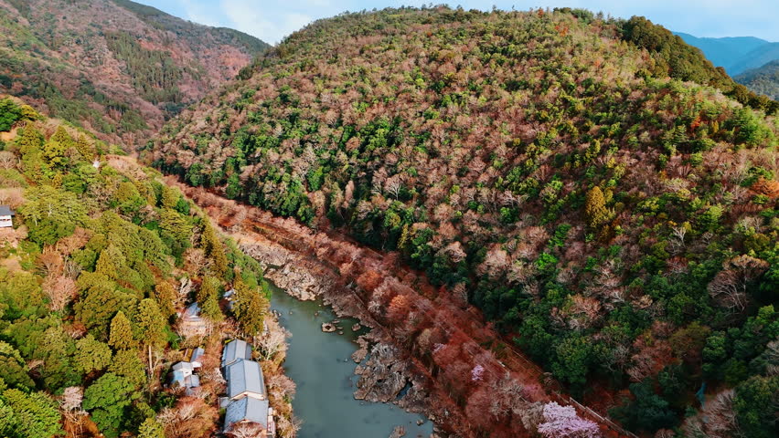 Flying over the narrow river wiggling among the rocks. Picturesque mountains in Kyoto, Japan. Aerial view.