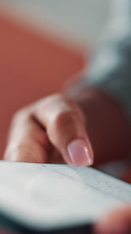 Professional hands, person and typing with phone screen for client email, text message and writing online feedback. Closeup, employee and smartphone keyboard for mobile chat, networking and research