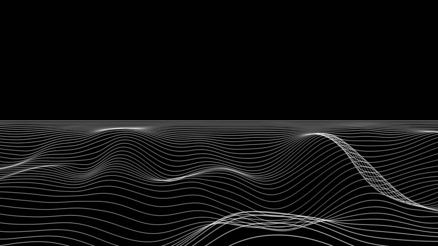Visual white wavy line on black motion background. Turbulent wave lines background. Wave, distorted, neon, futuristic, white wave on a black background. monochrome space. geometric wave. seamless loop
