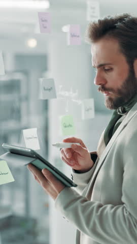 Glass wall, planning and tablet with business man in office for brainstorming or strategy. Mind map, sticky notes and thinking with professional employee at work for creative development or design