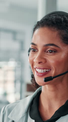 Headset, woman and customer service agent in office with communication, contact us or helpdesk. Talking, mic and female quality assurance analyst with online call for client support with crm.