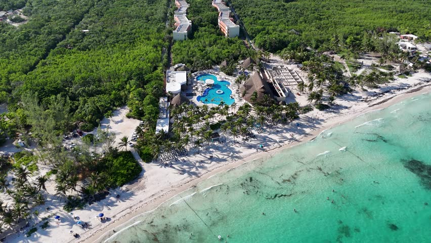 Aerial View of Luxury Tropical Resort Hotel, Beach and Caribbean Sea, Riviera Maya, Tulum, Mexico