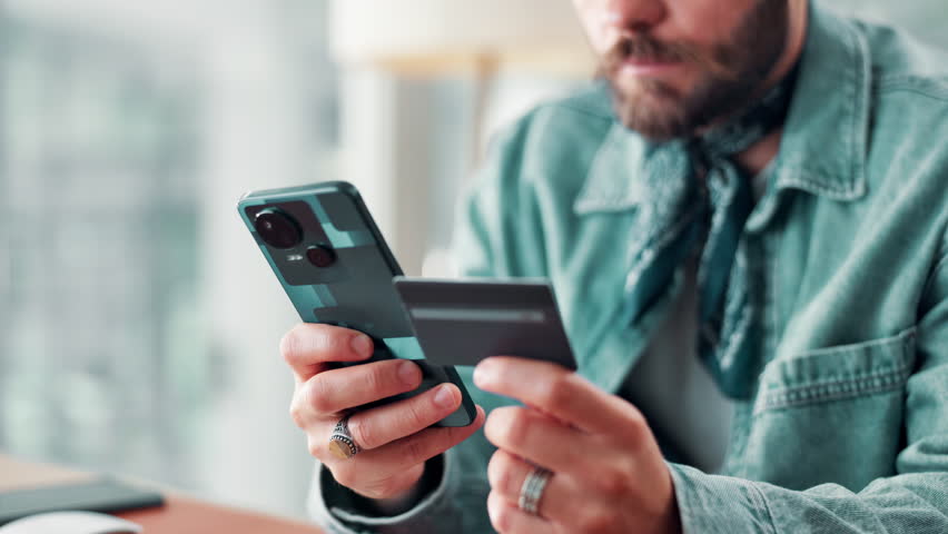 Business, hands and man with smartphone, credit card and online shopping with transactions. Closeup, person and web designer with cellphone, ecommerce and payment with internet and app for banking