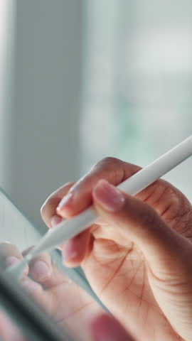 Hands, business and woman with tablet, stylus and creative designer with deadline, project and artistic. Closeup, person and entrepreneur with technology, innovation and internet with planning or app