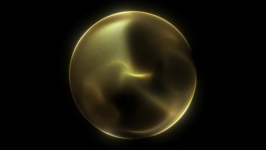 Golden yellow shimmering energy sphere of glowing liquid particles and magic plasma on dark background. Luxury digital sci fi futuristic orb screensaver for business. 4k 60 fps looped minimal graphic