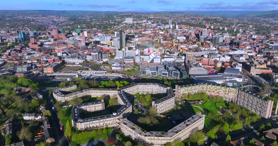 Sheffield, South Yorkshire, United Kingdom. April 17, 2025. Aerial video of Sheffield cityscape from the vantage point of Sky Edge Playing Fields 