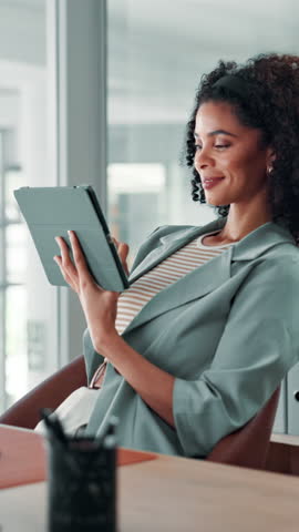 Tablet, reading and happy business woman with schedule, administration or secretary scroll online. Digital technology, office and worker on internet for networking, booking appointment or check email