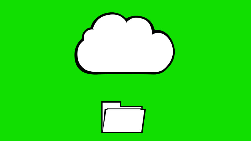 video animation sketch draw black and white icon uploading movie, photo and computer file to the cloud virtual system connection, on a green chroma key background