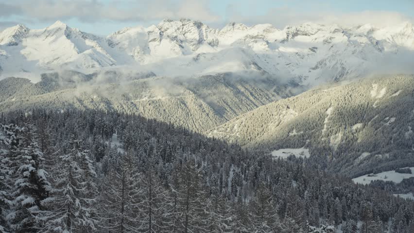 A thick forest of frosted trees blankets the hillside, with majestic sunlit mountains rising behind. Parallax video.