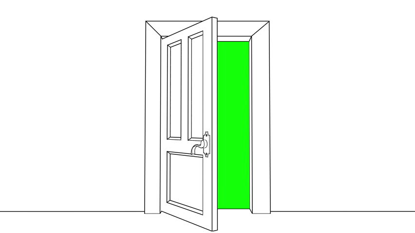 Opening door drawing: making opportunities happen concept. A door that has just been sketched in line art is opened and zoomed into to reveal a green screen.