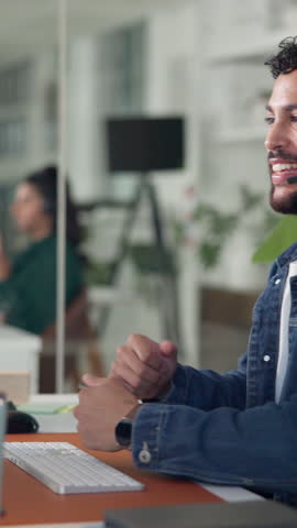 Headset, man and call center consultant in office for communication, contact us or help desk. Technology, customer service and male agent talking with online discussion for crm support in workplace.