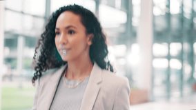 Business woman, face and wink with thumbs up, smile and walk for confidence, emoji and promotion. Portrait, happy person and entrepreneur with success, yes gesture and OK in convention center lobby - Powered by Shutterstock - Get 15% off with code: PIKWIZARD15