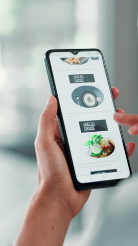 Food delivery, hands and phone screen with business person in office for takeout order. App, menu and search with employee scrolling on mobile display for hunger or takeaway decision in workplace