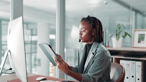 Black woman, tablet and scroll at office for legal consultation, research and advice by computer. Person, attorney and digital touchscreen for notes on app, review and notification at law firm - Powered by Shutterstock - Get 15% off with code: PIKWIZARD15
