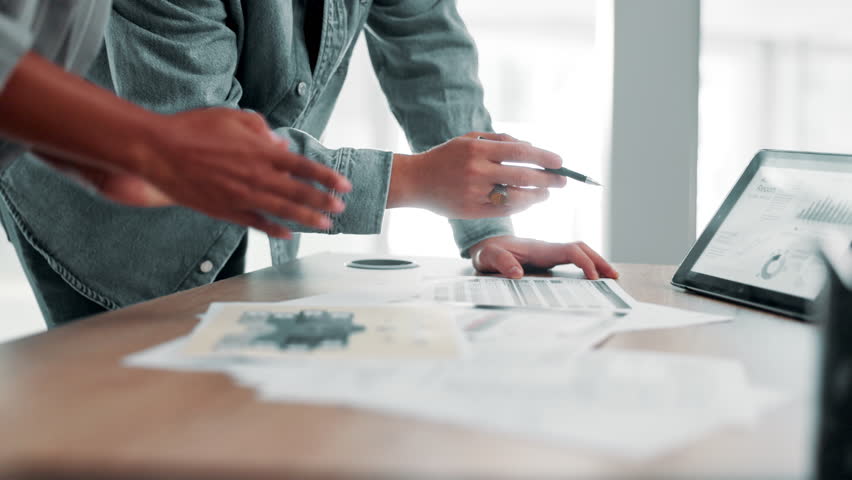 Business people, hands and discussion with tablet screen or documents for analytics, statistics or data. Closeup, employees or analyst with technology, graph or chart for overview or performance - Powered by Shutterstock - Get 15% off with code: PIKWIZARD15