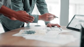 Business people, hands and discussion with tablet screen or documents for analytics, statistics or data. Closeup, employees or analyst with technology, graph or chart for overview or performance - Powered by Shutterstock - Get 15% off with code: PIKWIZARD15