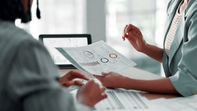 Business people, hands and meeting with documents for analytics, statistics or data at office desk. Closeup, financial analyst or employees with graph, chart or paperwork for company report or review - Powered by Shutterstock - Get 15% off with code: PIKWIZARD15