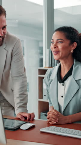 Business people, high five and woman in office, smile and success with celebration. Employees, group and consulting agency in workplace, hand gesture and applause with cheering, wow and excited