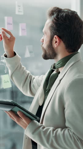 Glass wall, problem solving and tablet with business man in office for brainstorming or strategy. Mind map, reading and sticky notes with employee in workplace for creative development or design