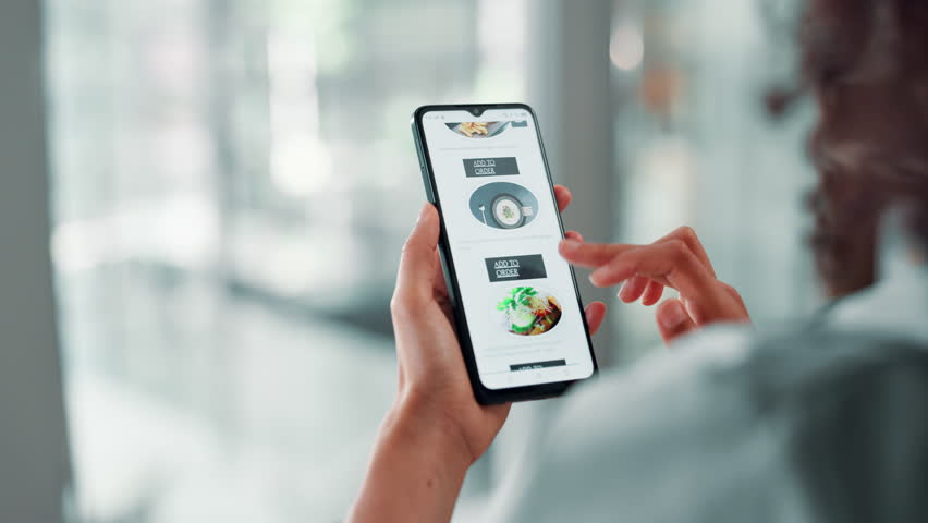 Person, hands or browsing menu with phone for order, delivery or takeaway dinner at online restaurant. Closeup, user or customer scrolling website or app on mobile smartphone screen for food options