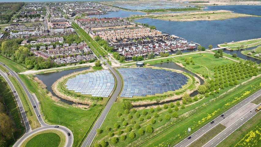 Aerial footage of solar power plant shaped like island, integrated into green landscape next to modern residential area, featuring solar panels, pond, and bus lane. City heating powered by solar panel