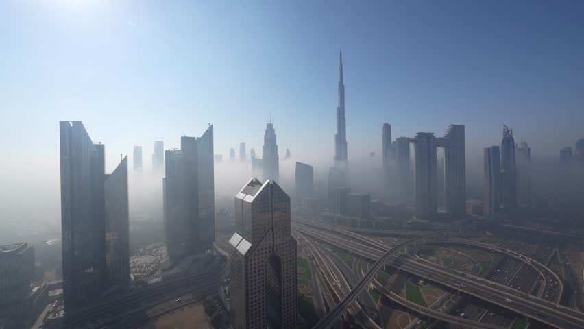 Aerial video from a high angle of fog in Dubai