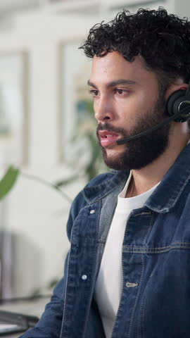 Call center, tired and man with headache of stress for difficult customer, sales mistake and workload pressure. Telemarketing, agent and tension migraine for lead generation, burnout or mental health