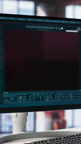 Vertical Video African american user operates generative AI program to create digital photos in modern loft. Man explores creative visualization with artificial intelligence tools, with prompts