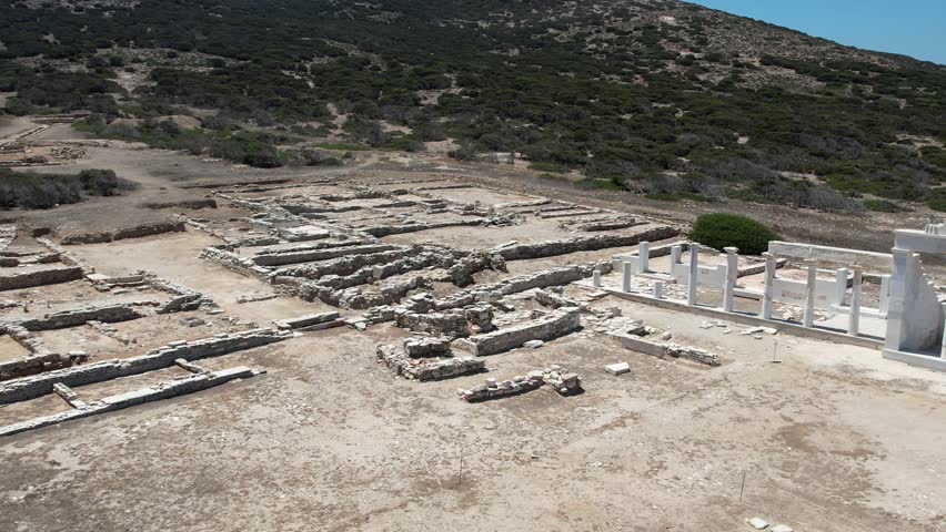Aerial views from over the ancient Greek Ruins on the Island of Despotiko