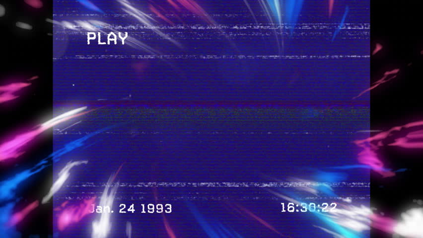 Retro VHS playback interface glitching with scan lines, colorful light streaks, date time stamps. Vintage, digital art, glitch effect, neon, nostalgia, electronics, abstract