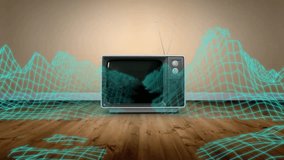 Retro TV emitting static with neon wireframe grid crawling across floor and walls in 3D render. Vintage, technology, digital, nostalgic, abstract, minimalist, futuristic - Powered by Shutterstock - Get 15% off with code: PIKWIZARD15