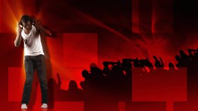 man wearing headphones, dancing against red backdrop with crowd silhouettes in music marketing. Dynamic, energetic, nightlife, dance, urban, modern, vibrant - Powered by Shutterstock - Get 15% off with code: PIKWIZARD15