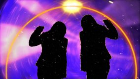 Two silhouetted figures floating in cosmic scene, glowing orbital lines swirling with light trails. Abstract, futuristic, vibrant, digital, space, technology, synergy - Powered by Shutterstock - Get 15% off with code: PIKWIZARD15