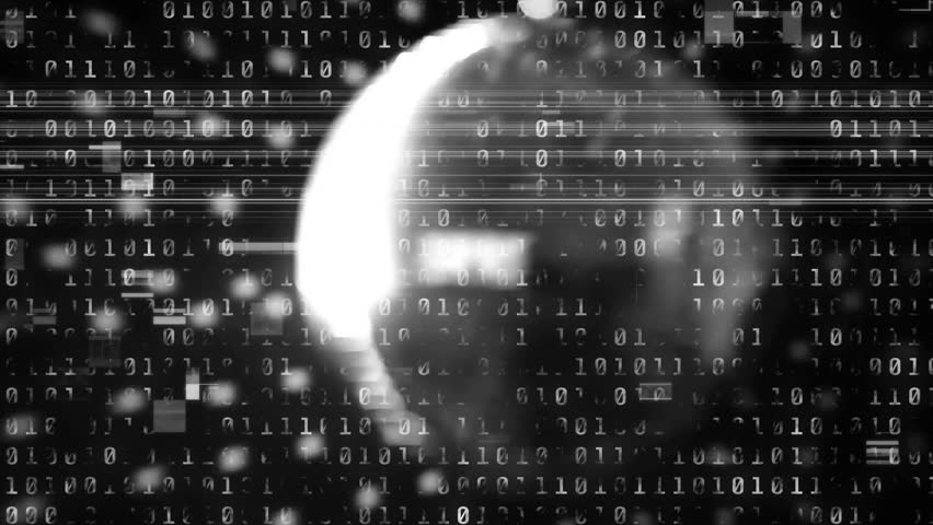 Central pixelated sphere pulsating in animated 3D render, streaming binary digits with glitch lines. Cyberspace, data, technology, digital, abstract, futuristic, motion