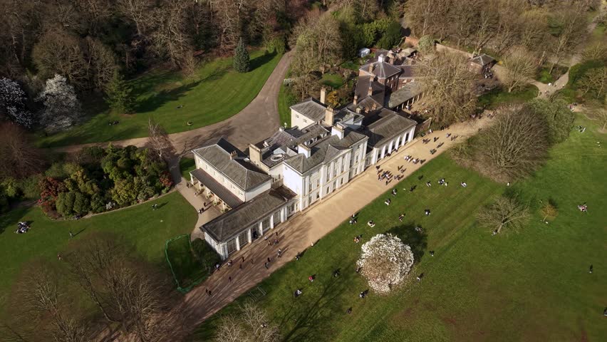 Aerial view overlooking majestic Kenwood house estate and surrounding heritage gardens near London