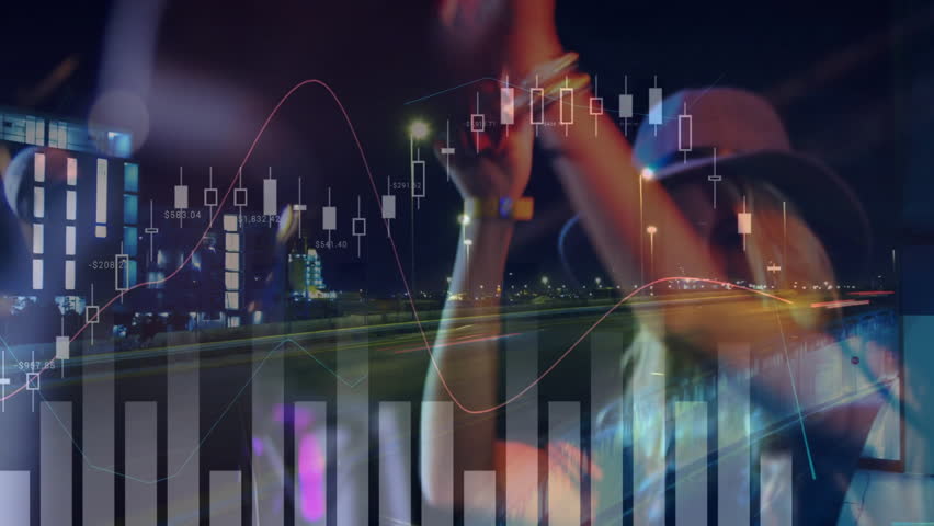 Woman wearing fedora gesturing on overpass with finance dashboard candlestick bars trend lines. Futuristic, innovation, technology, data visualization, urban, nightscape, multimedia - Powered by Shutterstock - Get 15% off with code: PIKWIZARD15