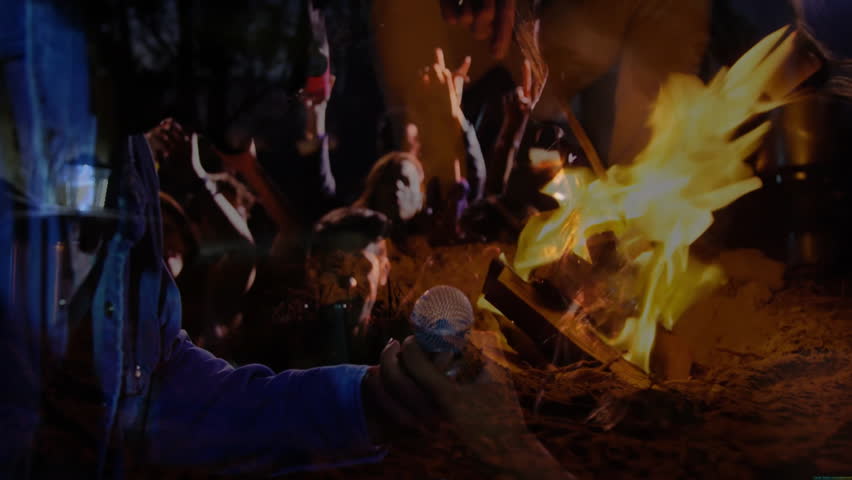 woman reaching translucent bottle in education tutorial, with animated torch icons and data bars. Night, gathering, forest, ritual, illumination, camaraderie, connection