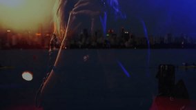 musician holding microphone over urban harbor at night, music industry using double exposure kayak. Art, cityscape, nocturnal, artistic, performance, vibrancy, tranquility - Powered by Shutterstock - Get 15% off with code: PIKWIZARD15