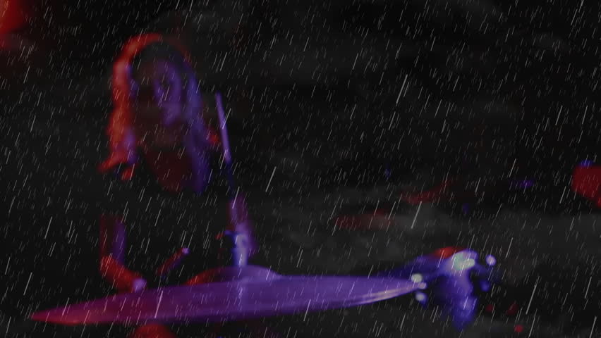 Female singer performing with microphone under heavy rain in entertainment, showing colorful lights. Performance, music, entertainment, stage, vibrancy, emotion, studio