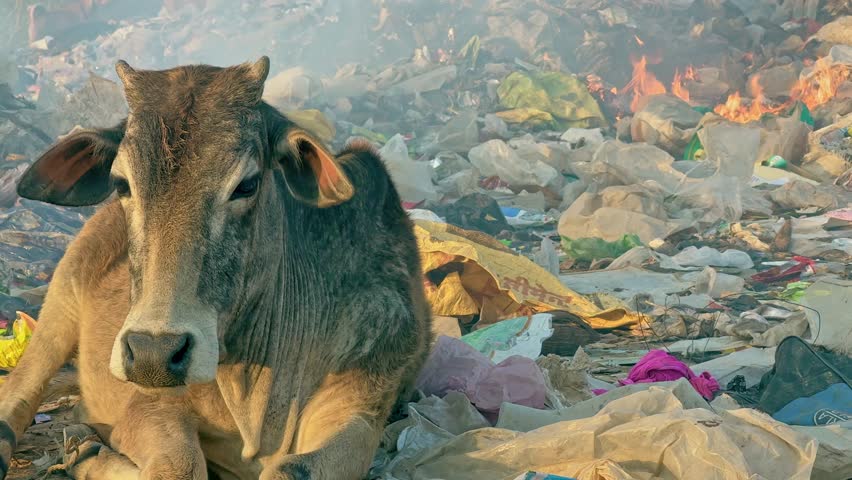 Closeup of a sick cow sitting on the waste plastic next to the garbage fire on the open dump yard
