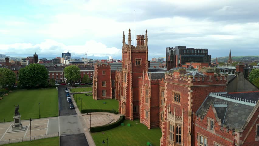 Side-on, advancing aerial video of the Lanyon building at Queen