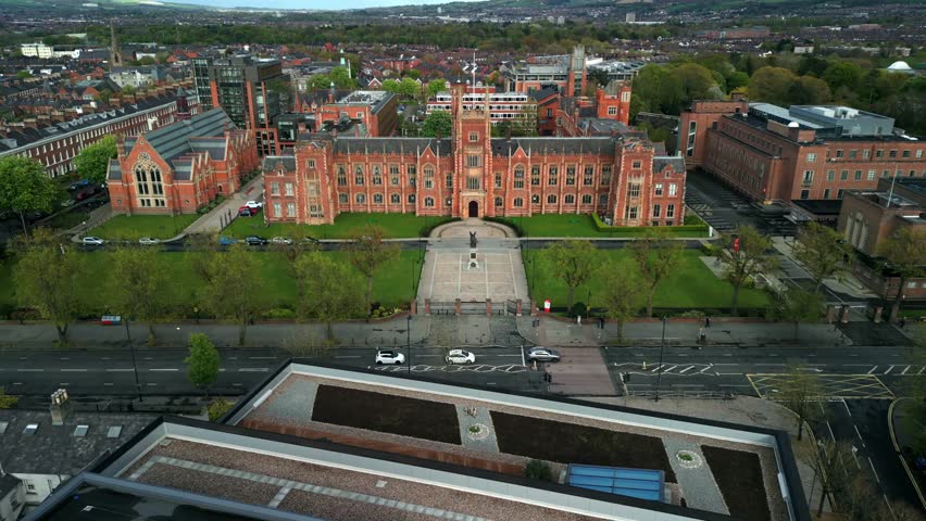 Wide, forward moving aerial video of Queen