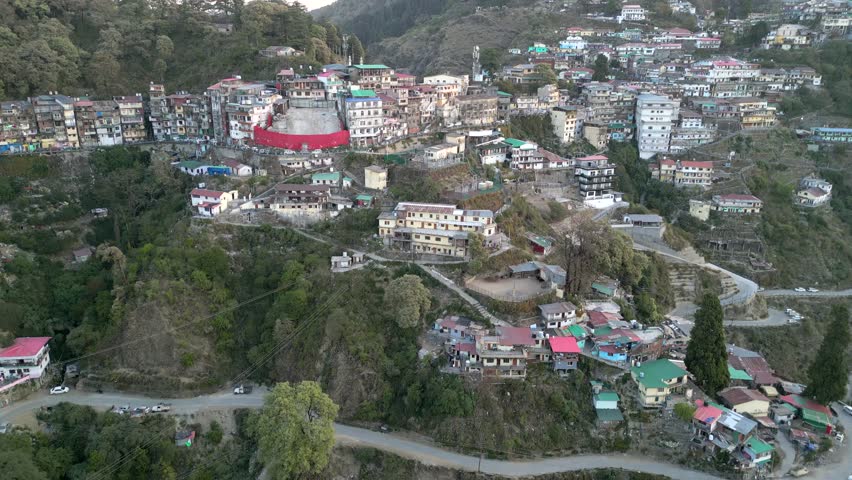 colorful buldings on hills in mussoorie bird eye view in india