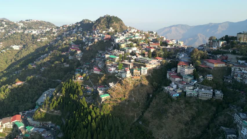 beautiful architec buldings on hill in mussoorie 180d drone view in india