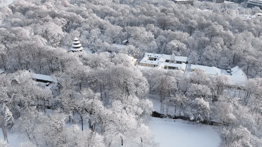 Aerial view of the Englischer Garten in Munich with lots of snow.
