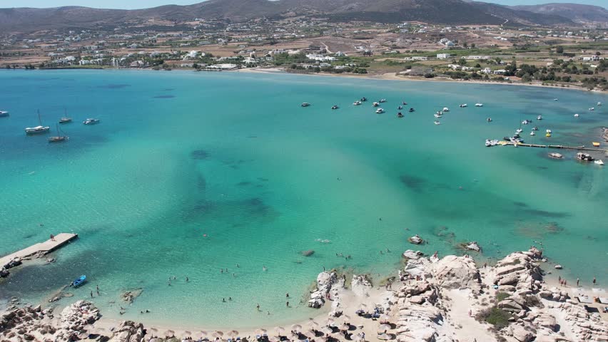 Aerial views from over Kolympethres Beach on the Greek Island of Paros