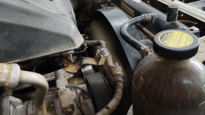 A close-up of the engine room of a vehicle that is running and vibrating, with a focus on the visible parts of the radiator and hoses.