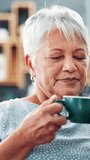 Senior woman, coffee and smell in home, morning and relax for reflection with memory in living room. Elderly person, mug or smile with scent, tea cup and steam in lounge for retirement in apartment - Powered by Shutterstock - Get 15% off with code: PIKWIZARD15
